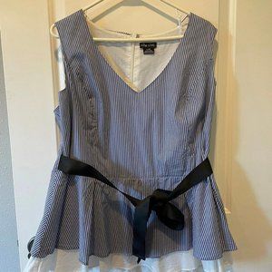 City Chic Blue White Striped Peplum Top Sleeveless V-Neck Waist Tie Blouse L/20